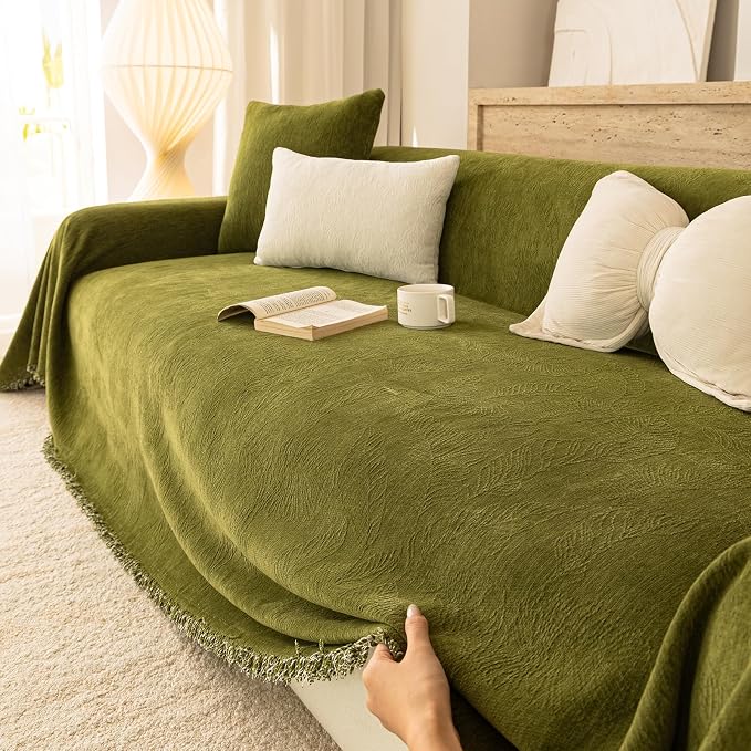 Green Boho Couch Covers for Sofa Washable for 3 Cushion Couch,71''X150'' | Chenille Furniture Protector Sofa Couch Cover for Dogs, Soft Breathable Sofa Slipcover, Couch Throw Blankets with Tassels by ROOMLIFE