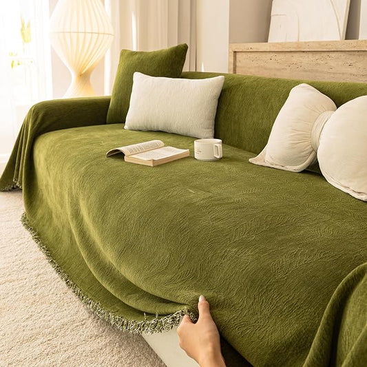Green Boho Couch Covers for Sofa Washable for 2 Cushion Couch,71''X118'' | Chenille Furniture Protector Sofa Couch Cover for Dogs, Soft Breathable Sofa Slipcover, Couch Throw Blankets with Tassels by ROOMLIFE