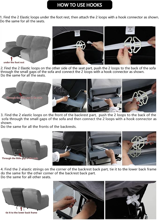 ULTICOR Velvet 8-Pieces Recliner Sofa Covers Stretch Reclining Couch Covers for 3 Cushion Reclining Sofa Slipcovers Furniture Covers Thick Soft Washable (3 Seater Recliner Cover, Taupe) - Image 7