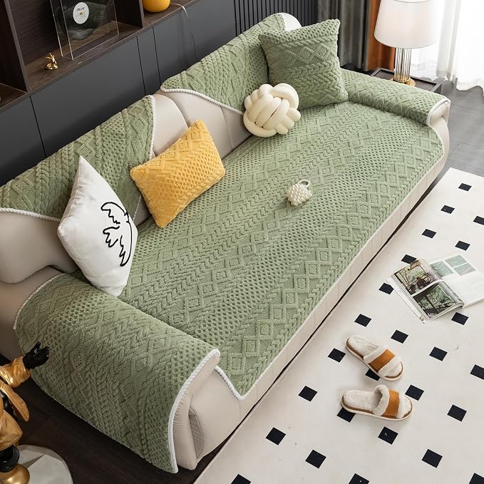 vctops Cable Jacquard Plush Sofa Couch Covers Boho Fuzzy Couch Cover for Dogs Soft Non Slip Sectional Sofa Slipcover Thick Warm Washable Furniture Protector for Kids, Pets (Sage Green,28"x59") - Image 6