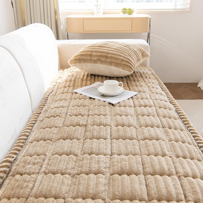 STACYPIK Geometric Striped Sofa Cover Non-Slip Fuzzy Pets Couch Cover for 2 Cushion Couch, Washable Khaki Couch Cover for Dogs, Jacquard Warm Corduroy Bed Mat Cover-23.6x59.1IN - Image 8
