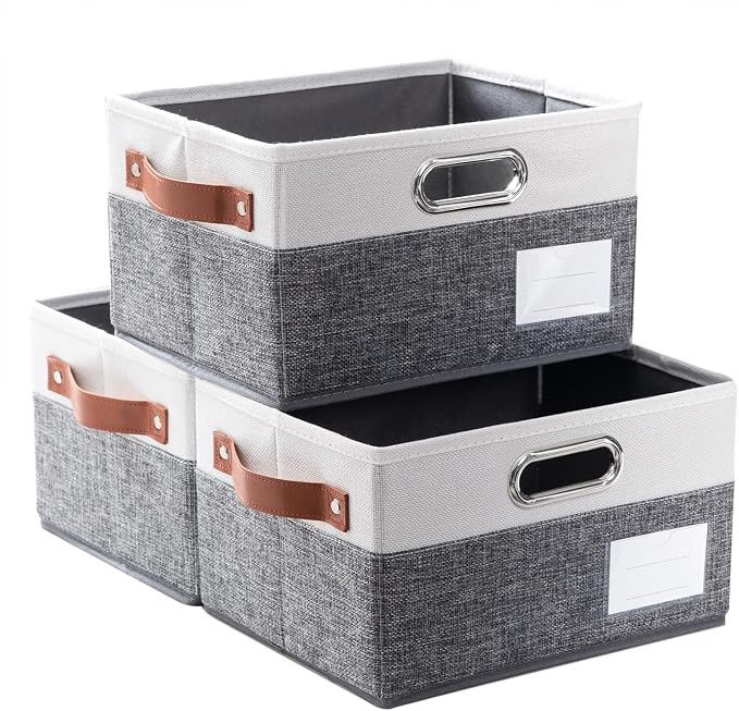 PRANDOM Foldable Storage Bins with Handles [3-Pack] Fabric Collapsible Storage Boxes Baskets Cubes Containers with Handles for Closet Living Room Bedroom (Grey & White 11.5x8.5x6.7'') by Prandom
