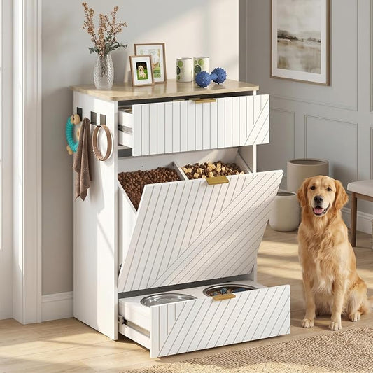 Dog Feeding Station Cabinet, Elevated Bowls with Slow Feeder Insert, White | Slow Feeder Insert, Large food bin, Removable Divider, 3 Side Hooks, Pull-Out Drawer, Easy to Clean for Small & Middle Dogs by Oakvera