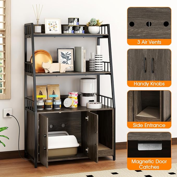 PETSITE Cat Litter Box Enclosure with Storage Shelves, 52 Inches Tall Hidden Litter Box with Charging Station, Scratching Board, and Winding Entry (Grey) - Image 8