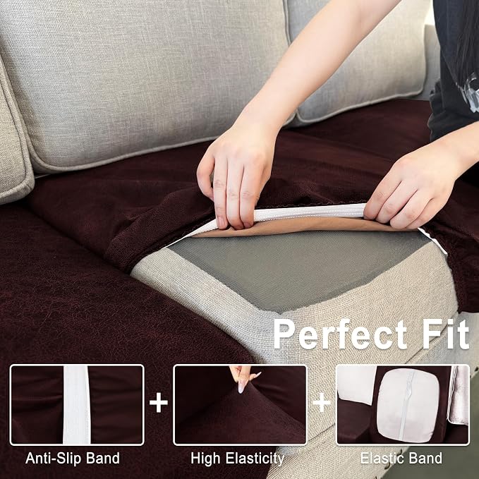 ANARACHON Leather Look Couch Cushion Covers Sofa Seat Slipcovers Sets Couches Furniture Protector for Sectional Armchair Loveseat Pets Kids Stretch Spandex Fabric (3 Cushion Sofa, Burgundy) - Image 4