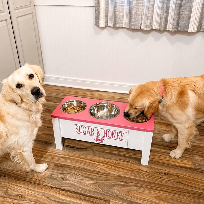 3 Bowl Dog Feeding Station, Personalized Triple Bowl Food Stand Large Dogs | Farmhouse Style, Elevated Wood Stand, Storage Container, Stainless Steel Bowls, Raised Feeder, Large Breed, Made in USA - Image 2