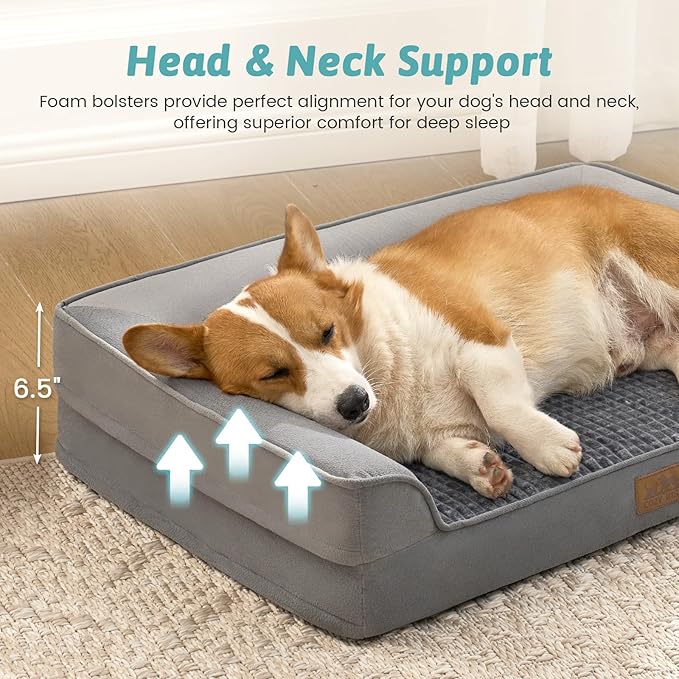 COZY KISS Orthopedic Large Dog Beds, Bolster Pet Couch with Waterproof Lining, Egg Crate Foam Sofa for Pets Up to 65 lbs, U-Shaped, 36x27x6.5 inch, Grey - Image 2