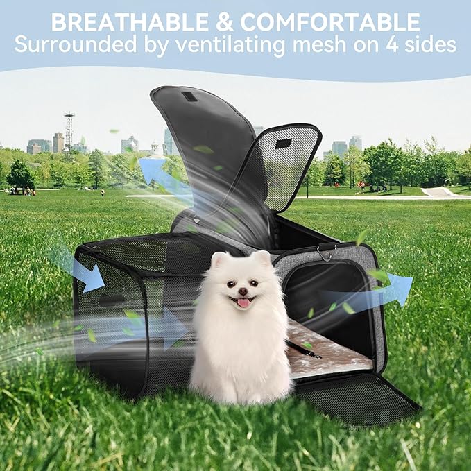 Petsfit 19"X12" X12" Expandable Pet Carrier, Square Expansion Reduces Pet Anxiety, Escape-Proof Self-Locking Zippers, 3 Easy-Access Entrances, for Cats & Small Dogs up to 18 lbs