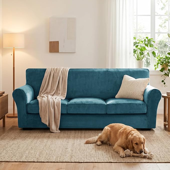XINEAGE 4-Piece Velvet Sofa Cover,Couch Covers for Dog,Peacock Blue | 3 Cushion Sofa,Stretch Non-slip Elastic, Pet-friendly, Washable, Fast Setup, Soft Plush Fabric, Furniture Protector. - Image 4