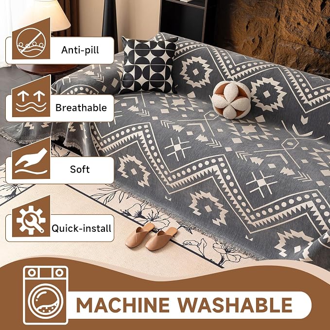 VClife Bohemian Tribal Sofa Cover Gray White Aztec Geometric Pattern Couch Cover for 3-4 Cushion Couch Sofa - Non Slip Sectional Slipcover Decorative Furniture Protector for Home Decor 71" X 150" - Image 4