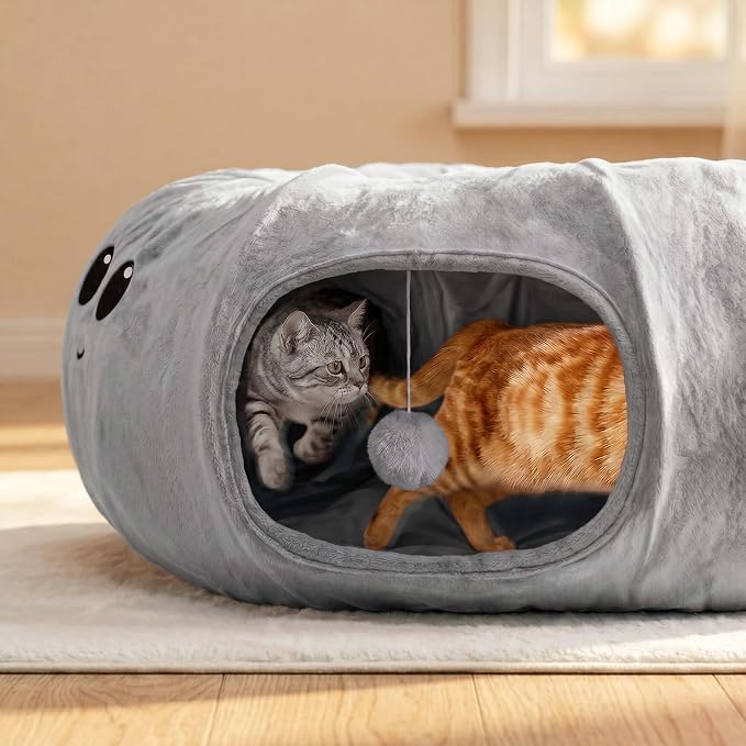 Cat Tunnel Bed for Indoor Cats, Peekaboo Cat Cave Bed with 20 Pcs Cat Toys, Soft Cat Donut Tunnel for Kitten Large Cats, Grey Octopus - Image 2