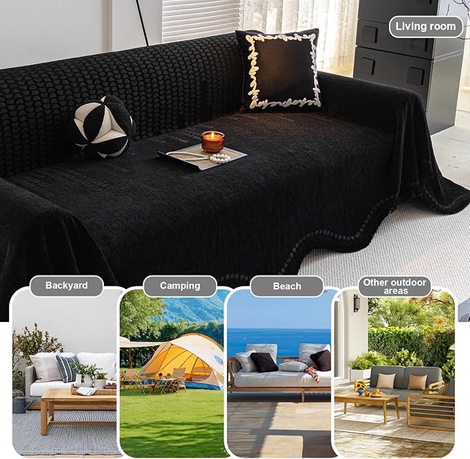 ROOMLIFE Black Couch Cover Sofa Covers, Chenille Couches Covers for 3 Cushion Sofas, Non Slip Soft Breathable Sofa Slipcovers for Pet, Washable Furniture Protector with Tassel,71''X134” - Image 7