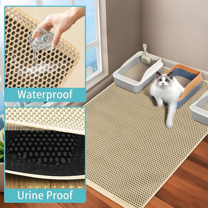 Cat Litter Mat Litter Trapping Mats, Large Kitty Litter Box Mat, 35x25in | Double-Layer Honeycomb Litter Catcher Mat to Less Mess, Waterproof and Non-Slip Bottom, Keeps Floor Clean(Khaki) - Image 6