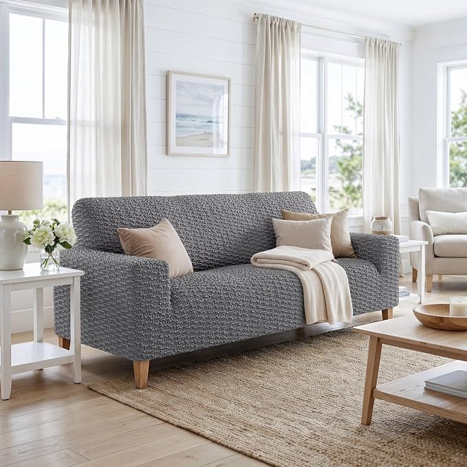 PAULTO BY GA.I.CO. Stretch Sofa Slipcovers – Soft Elastic Fabric Couch Cover for Armchair Loveseat 3-Seater & 4-Seater Sofa Cover – Non-Slip Furniture Protector Washable - Dark Grey (64"-85" Wide) - Image 2