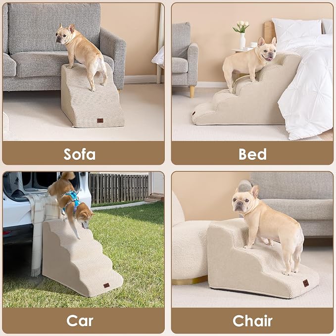 EHEYCIGA Curved Dog Stairs Ramp for High Beds 19.7" H, 4-Step Dog Steps for Small Dogs and Cats, Pet Stairs for High Bed Climbing, Non-Slip Balanced Pet Step Indoor, Beige - Image 7