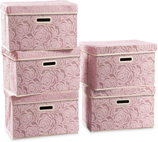 PRANDOM Collapsible Storage Boxes with Lids [5-Pack] Fabric Decorative Storage Bins Cubes Organizer Containers Baskets with Cover Handles Divider for Bedroom Closet Living Room Pink 14.9x9.8x9.8 Inch by Prandom