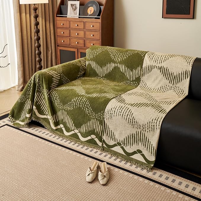 Green Geometric Couch Cover for 3 Cushion Sofa, Boho Reversible Couch Cover Sectional L Shape, Modern Home Decor Chenille Non Slip Washable Large Couch Protector for Dogs 71"x118" - Image 3