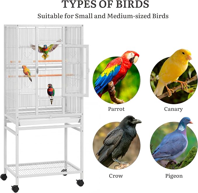 DWVO 53.9-Inch Metal Bird Cage: Large Parrot Cages with Seed Catcher & Cover - Rolling Stand with Brakes for Parakeets, Lovebirds, Cockatiels, Finches and Pigeons - Image 3