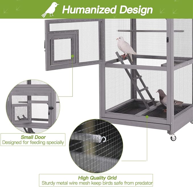 GUTINNEEN Outdoor Bird Aviary Wooden Large Bird Cage on Wheels, Featuring Play Stand, Perches, Nest Habitat, Include Wire Mesh Above Bottom Tray Easy to Clean | waterproof asphalt roof,32.7"x30.9"x70.8",slide-out tray with wire mesh,4 stainless steel w... - Image 4