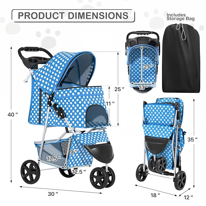 MoNiBloom 3 Wheels Pet Dog Cat Stroller for Small Medium Dogs Cats, Foldable Jogger Stroller w/Storage Basket and Cup Holder, Sky Blue Polka Dots