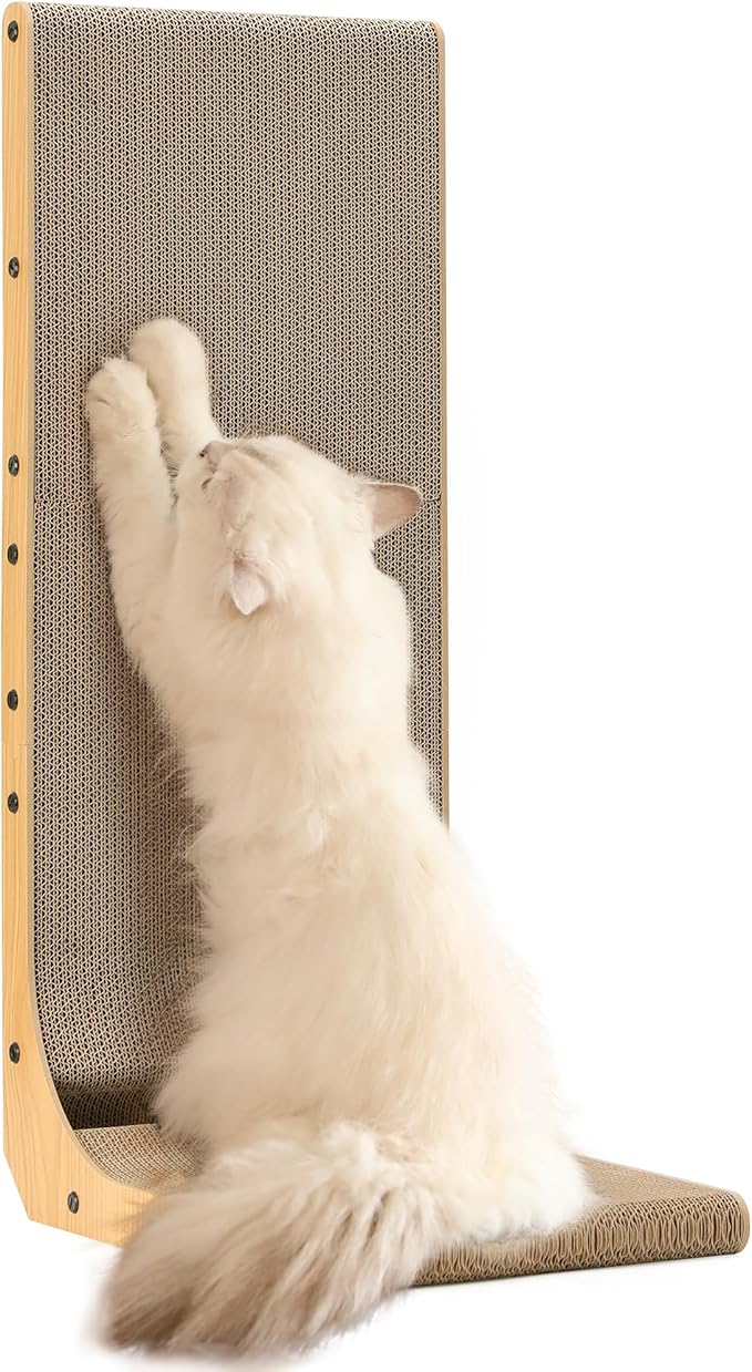 FUKUMARU Cat Scratcher for Indoor Cats, 32.7 Inch L Shaped Cat Scratch Pad | Extra Large Cardboard Cat Scratcher for Wall Sofa, Vertical Cat Scratching Board with Ball Cat Toy, Tall Cat Scratching Post by FUKUMARU