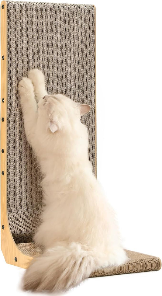 FUKUMARU Cat Scratcher for Indoor Cats, 32.7 Inch L Shaped Cat Scratch Pad | Extra Large Cardboard Cat Scratcher for Wall Sofa, Vertical Cat Scratching Board with Ball Cat Toy, Tall Cat Scratching Post by FUKUMARU