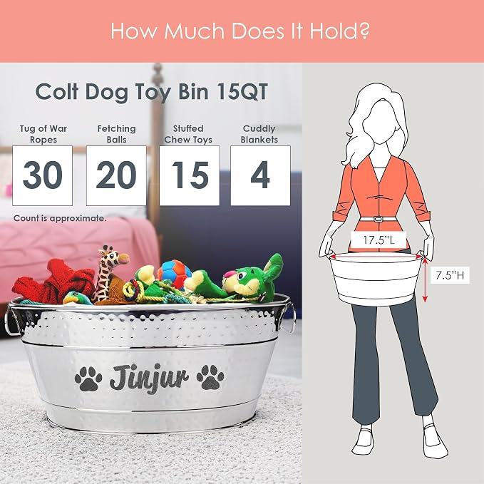 BREKX Personalized Metal Dog Toy Bin - Copper Galvanized Storage Bin with Handles, Basket for Pet Toys, Dog Toy Box, Pet Storage - Custom Dog Name Gift (Medium - Silver) - Image 4