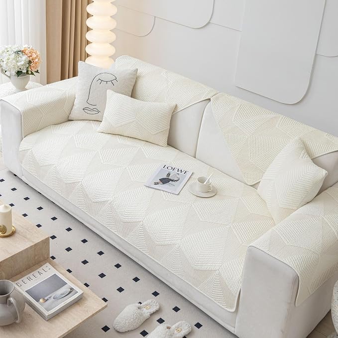 vctops Cotton Quilted Couch Covers for Sectional Sofa (Cream,43"x82") | Geometric Washable Non Slip Sofa Slipcover for Dogs, Children, Pets Furniture Protector Cover - Image 7
