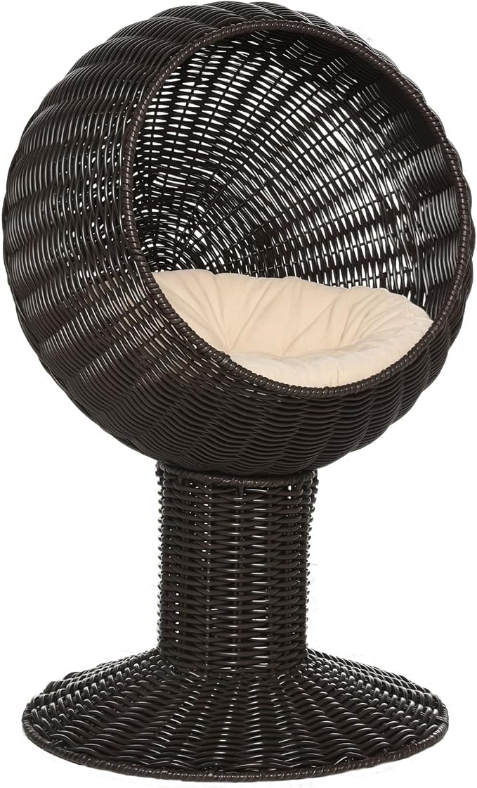 PawHut Elevated Cat Bed with Rotatable Egg Chair Pod, Cat Basket Bed with Thick Cushion, Natural Mat Grass Woven Kitty House, Coffee | Cat Basket Bed, Natural Mat Grass Woven Kitty House by PawHut