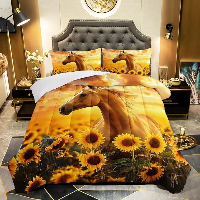 QOOMO Horse Comforter King Size,Sunflower Horse Comforter Set for Kids Teens Girls Boys,3Pcs Bedding Set Printed Comforter with 2 Pillowcases,Soft and Lightweight，King Size by QOOMOHOME