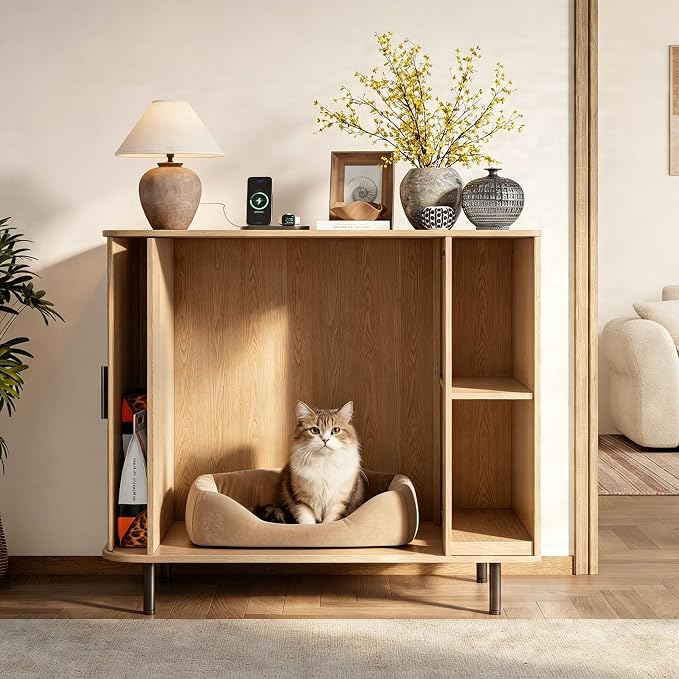 Cat Litter Box Enclosure, 31.8" Kitty Hidden Litter Box Furniture with Scratch Pad, Modern Indoor Cat House, Sliding Door, Adjustable Shelf for Dog Proof, Natural - Image 7