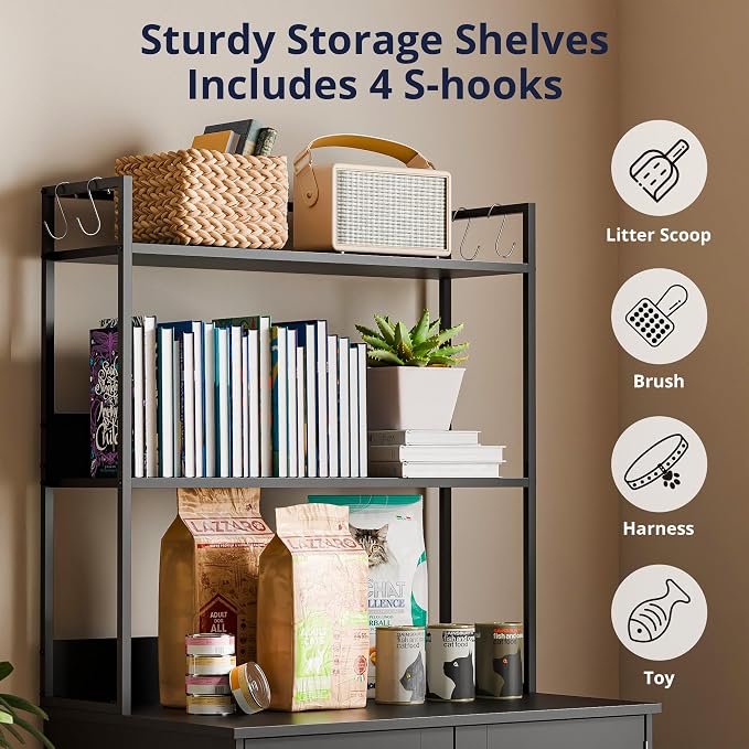 Cozy Castle Cat Litter Box Enclosure with Storage, 57'' Hidden Cat House Furniture, Wooden Cat Cabinet with Shelves & 4 S-Hooks, Indoor Cat Litter Box Organizer, Black - Image 4