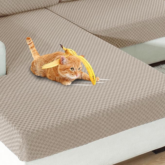 YEMYHOM Stretch Individual Cushion Covers Sofa Seat Cushion Slipcovers Soft Couch Cover Replacement Large Checkered Furniture Protector with Elastic Bottom (3 Pc Cushion Cover, Khaki) - Image 7