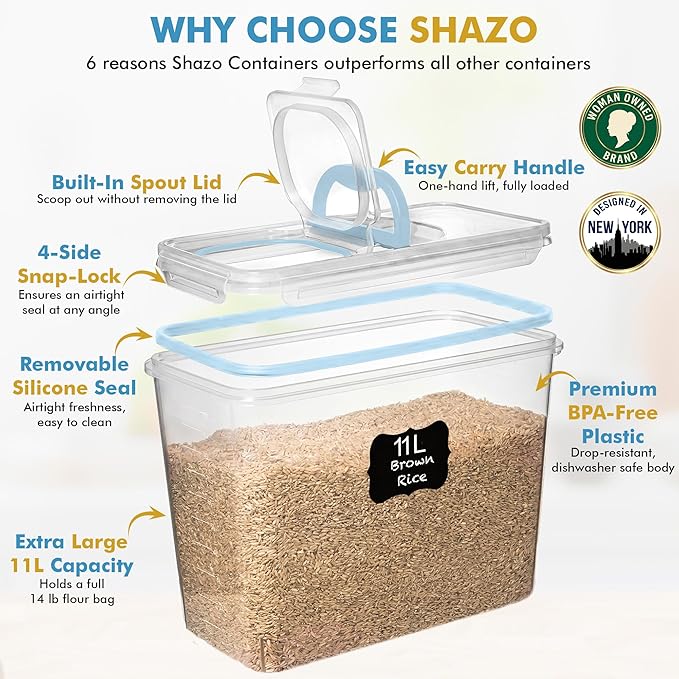 Shazo 2 PC (11L | 372 oz) Flour Sugar Storage Containers with Spout Lid & Easy Carry Handle - BPA Free Extra Large Airtight Food Storage Containers with Lids - Rice Canisters Sets for Kitchen & Pantry - Image 4