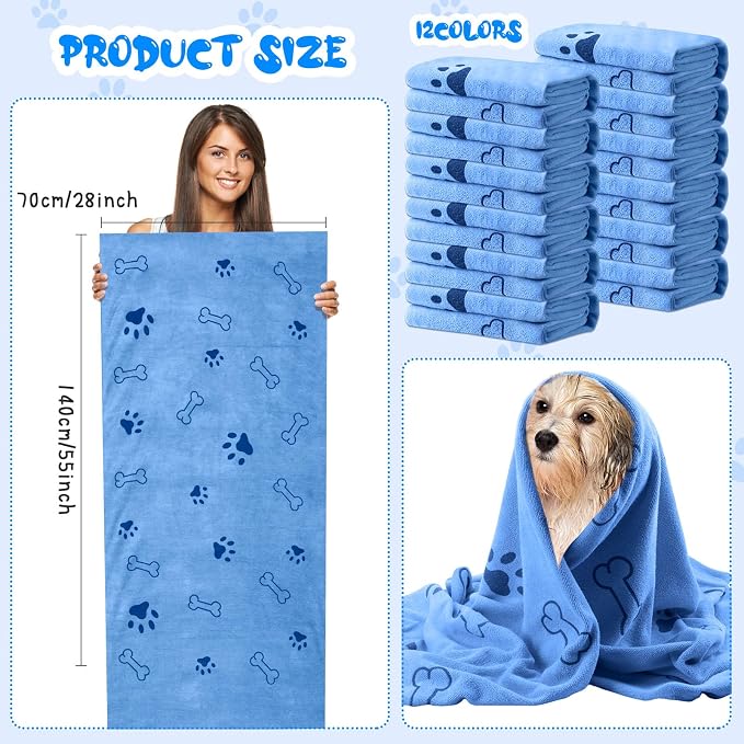 Tatuo 12 Pcs Dog Grooming Towels 28 x 55 Inch Microfiber Drying Pet Bath Towels Dog Absorbent Towel Quick Drying Puppy Bathing Supplies for Small Medium Large Puppy Cat(Blue,Paw, Bone) - Image 2