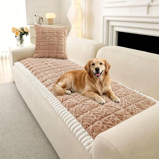 OTOB All Seasons Sofa Covers for 3 Cushion Couch Washable, Geometric Jacquard Fuzzy Non-Slip Pet Couch Cover, Kids Pet Friendly Soft Plush Sofa Slipcovers Dog Bed Mats (Camel, 27.6" x 70.9") by OTOB