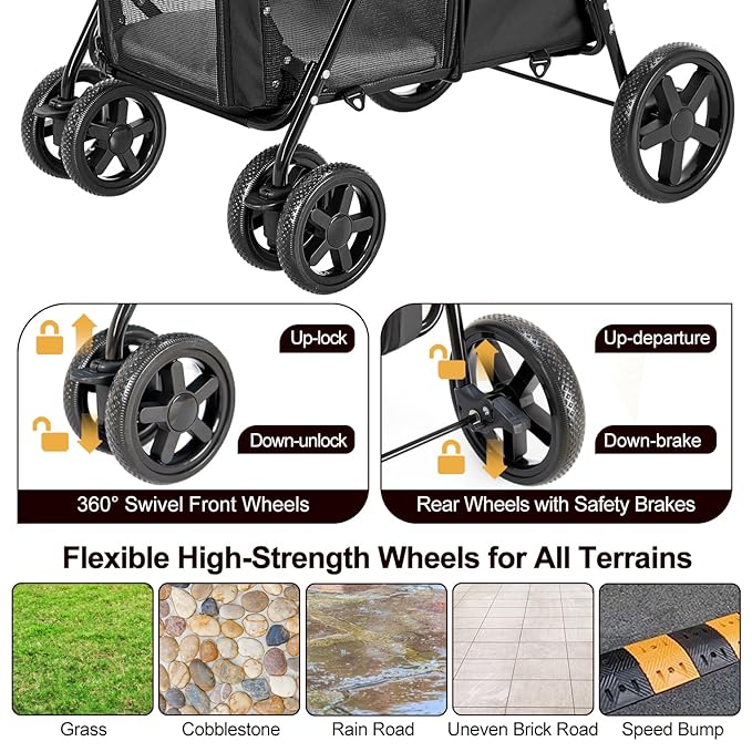 Double Pet Stroller for Dogs and Cats with 2 Detachable Carrier, Quick-Folding Dog Stroller for Medium Small Dogs Cats, 4 Wheels, Black