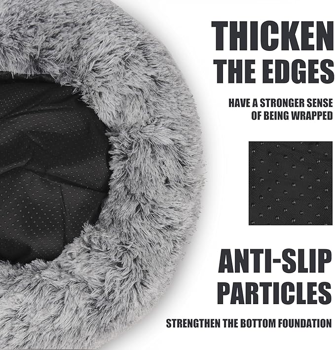 ShinHye Cat Bed Round Plush Fluffy Hooded Cat Bed Cave, Cozy for Indoor Cats or Small Dog beds, Soothing Pet Beds Doughnut Calm Anti-nxiety Dog Bed - Waterproof Bottom Washable (20×20inch, Grey) - Image 7