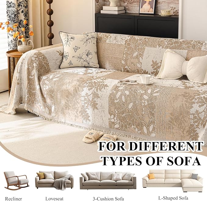 STACYPIK Botanical Floral Couch Cover for Pets Textured Beige Cream Patchwork Sofa Cover for 2 Cushion Couch with Tassels Dogs Couch Cover for Sectional Love Seat Protector for Living Room-71X118IN - Image 9