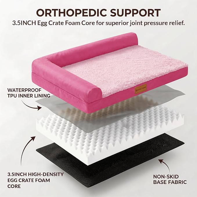 Patas Lague Orthopedic Large Dog Bed Pet Sofa Beds 42''X28''Pink | L Bolster Egg-Crate Foam Dog Couch For Large Sized Dogs, Waterproof Removable Washable Cover, Pet Mat with Nonskid Bottom - Image 5