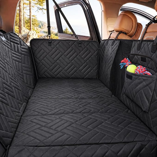 Dog Car Seat Cover, Hard Bottom Back Seat Hammock Waterproof 400lbs | 600D scratch-resistant oxford, non-slip base, breathable mesh window, storage pockets, machine washable, fits most vehicles by Cozila