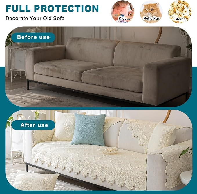 KRFOONN Cotton Quilted Dog Couch Cover for Sofa (Beige, 27.6" x 70.9") | Farmhouse Embroidery Sectional Couch Cover Washable, Soft Non Slip Sofa Slipcover Cushion Furniture Protector for Kids, Pets - Image 5