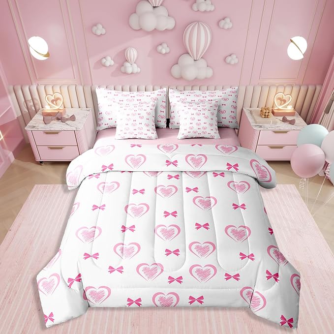 Erosebridal 7 Piece Heart Pattern King Bedding Set,Kawaii Pink Bowknot Kids Comforter Set for Girls Boys,Valentine Bow Love Heart Shaped Sheet Set,Dreamy Princess Style Reversible Bed in a Bag by Erosebridal
