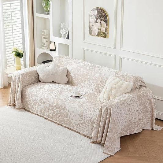 Deep Dream Boho Couch Cover Blanket, Soft Chenille Sofa Covers for 3 Cushion Couch, Sofa Slipcovers Washable Living Room Furniture Protector for Dogs Pets (Cream, 71"x118") by DeepDream