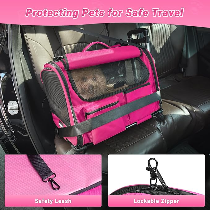 Large Pet Carrier with Wheels, Foldable Rolling Dog Carrier with Big Pocket, Cat Rolling Bag 21"x13"x13" for 2 Cats &Dogs, for Travel, Outdoor, Vet Visits, Camping, Indoor.Pink. (Not for Airline)