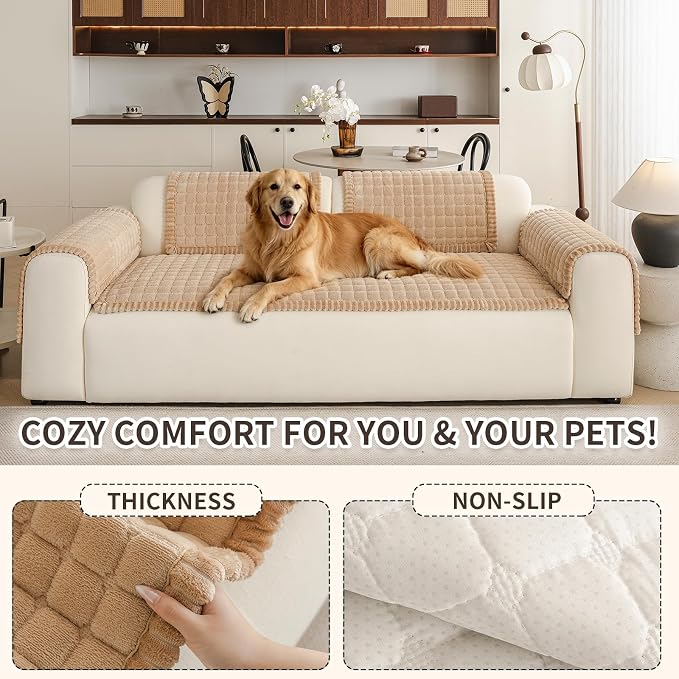 Couch Covers for Sofa Washable, Non Slip Couch Covers for Dogs, Soft Plush Pet Friendly Dog Couch Cover, Plaid Couch Protector for Dogs, Pet Couch Cover for 2-3 Seats(Light Brown,28"×94",1PC) - Image 5