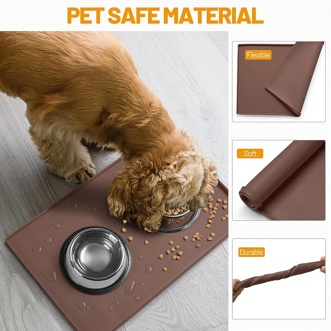 Hubulk Dog Feeding Mat,100% Waterproof Food Grade Silicone Pet Food and Water Bowl Placemat,Dishwasher, High Raised Edge to Prevent Spills,Nonslip Tray to Stop Messes on Floor（28"x18"x0.8", Brown） - Image 5