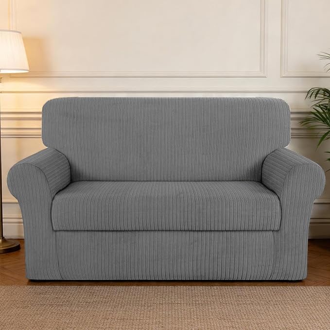 Loveseat Cover Stretching Skid Resistance Couch Cover for Pets Washable,Durable Soft High Spandex Striped Pattern Sofa Covers, Form Fitted Love Seat Slipcover(Loveseat, Light Gray) - Image 7