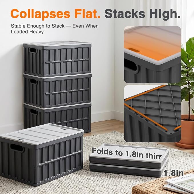 Citylife 64L Collapsible Storage Bins with Lids Plastic Storage Containers for Organizing Stackable Storage Box Large Heavy Duty Utility Crates, 4 Packs - Image 6