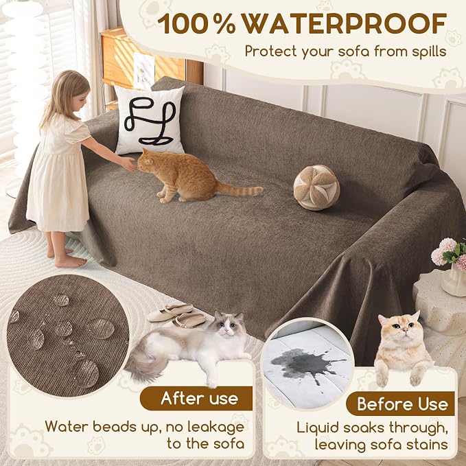 OstepDecor Waterproof Couch Covers for Pets, Couch Protector from Cat Claws | Washable Sofa Cover for Dogs, Non Slip Furniture Protector for Sofas, Loveseats & Sectionals, 71"x134", Brown - Image 4